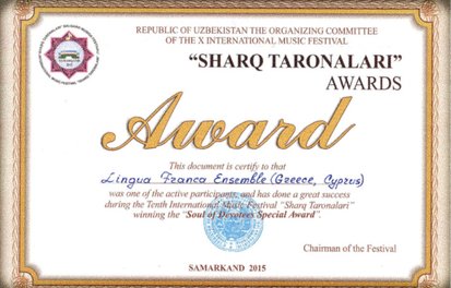 Special Award Sharq Taronalari Competition, Samarkand, Uzbekistan
